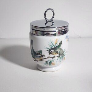 Royal Worcester Wren Finch Egg Coddler Jar Birds Design Porcelain Chrome Lid